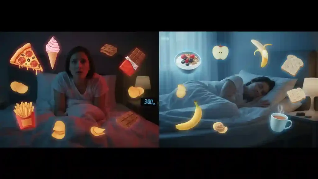 side by side image representing the worst snacks to eat before bed and what we should eat instead