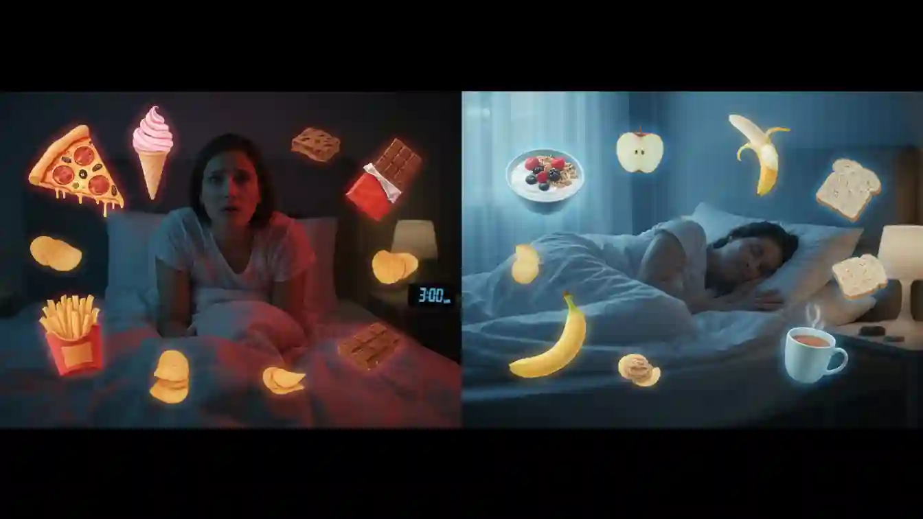 side by side image representing the worst snacks to eat before bed and what we should eat instead
