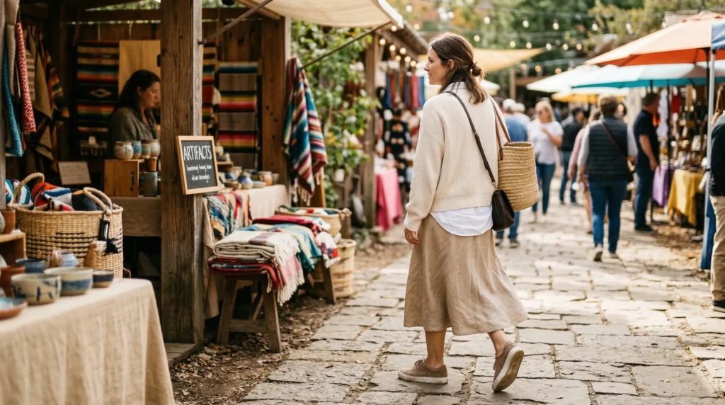 woman in a market showing trendy spring outfit with sneakers 2026 casual style