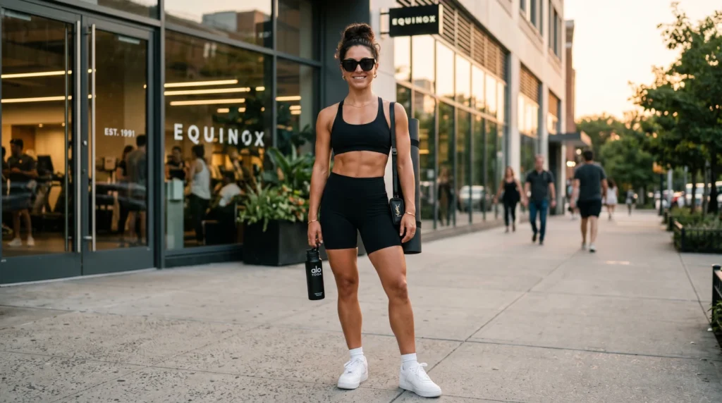 A woman in all classic black athleisure showing 1 of the best summer gym for women 2026 athleisure outfits trends