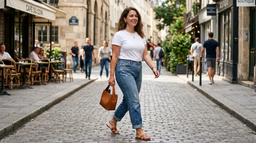 A woman in 1. Classic White Tee + High-Rise Vintage Denim showing midsize outfits for women summer 2026 casual style