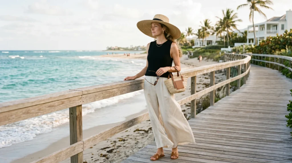 A woman in one of the best summer vacation resort outfits 2026 beach style