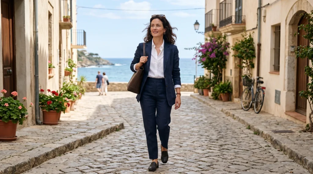 a woman in Quiet Power in Navy and Tailored Ease showing Summer Old Money Outfit for Women 2026 Timeless Style
