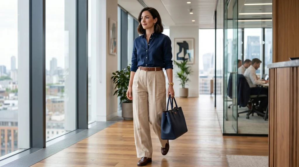 A working woman in Navy Shirt With Wide-Leg Beige Trousers showing one of the best Summer Business Casual Outfit For Women 2026 Modern Office Style