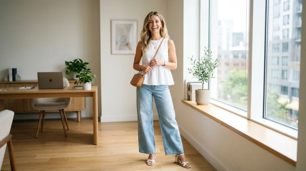 A working woman with one of the chic summer work outfits 2026 modern office style